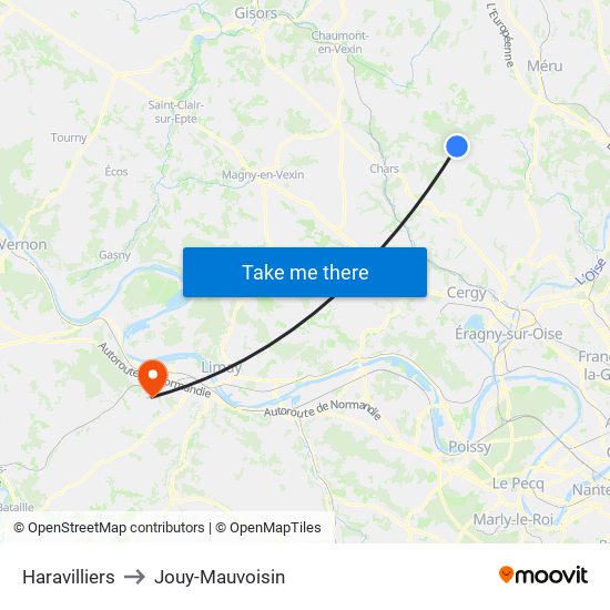 Haravilliers to Jouy-Mauvoisin map