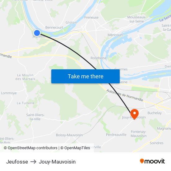 Jeufosse to Jouy-Mauvoisin map