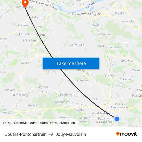 Jouars-Pontchartrain to Jouy-Mauvoisin map