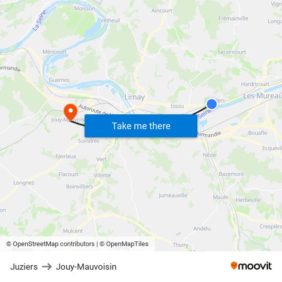 Juziers to Jouy-Mauvoisin map