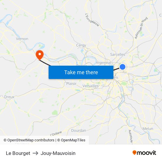 Le Bourget to Jouy-Mauvoisin map