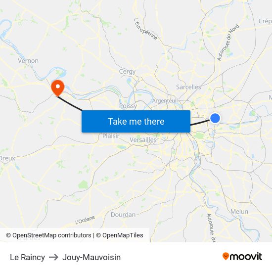 Le Raincy to Jouy-Mauvoisin map