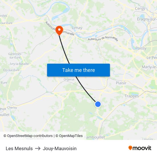 Les Mesnuls to Jouy-Mauvoisin map