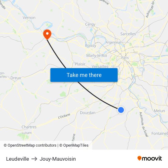 Leudeville to Jouy-Mauvoisin map