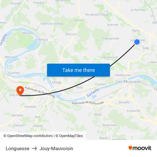 Longuesse to Jouy-Mauvoisin map
