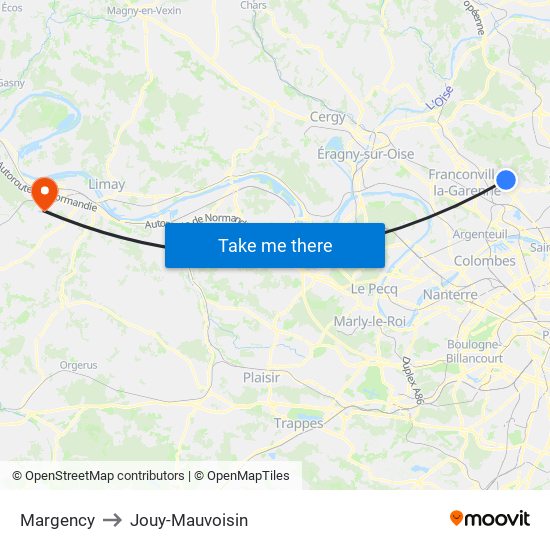 Margency to Jouy-Mauvoisin map