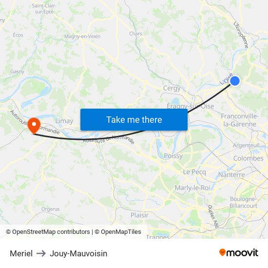 Meriel to Jouy-Mauvoisin map