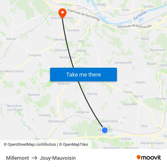 Millemont to Jouy-Mauvoisin map