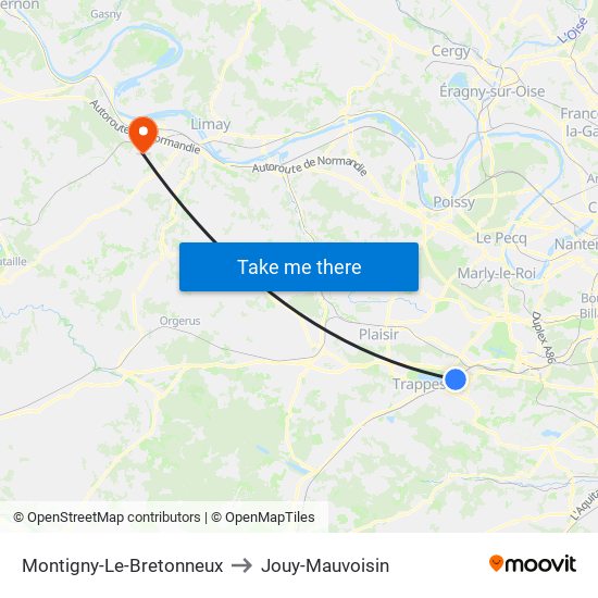Montigny-Le-Bretonneux to Jouy-Mauvoisin map