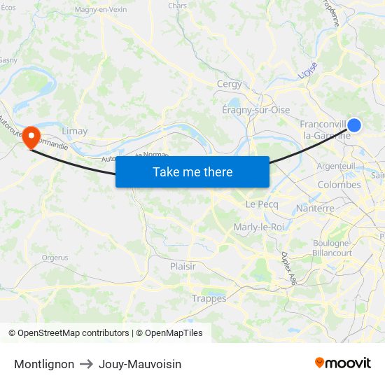 Montlignon to Jouy-Mauvoisin map