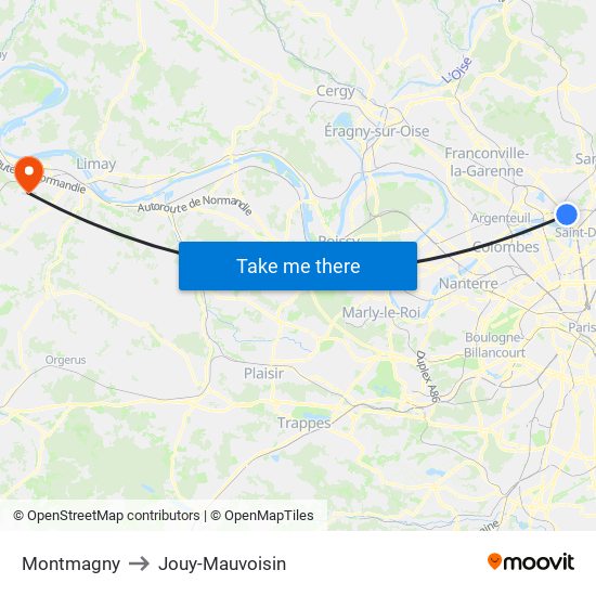 Montmagny to Jouy-Mauvoisin map