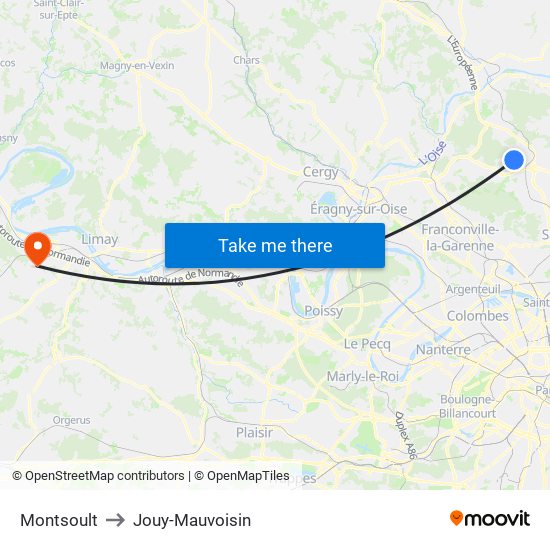 Montsoult to Jouy-Mauvoisin map