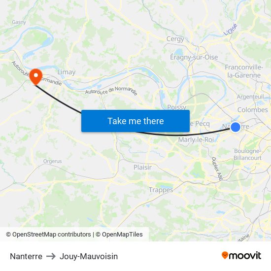 Nanterre to Jouy-Mauvoisin map