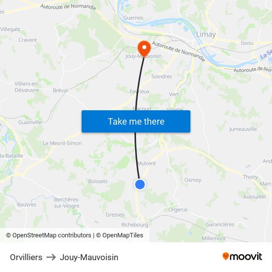 Orvilliers to Jouy-Mauvoisin map