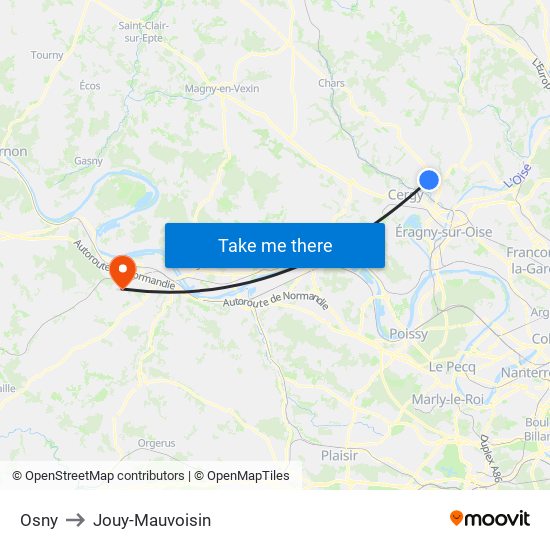 Osny to Jouy-Mauvoisin map