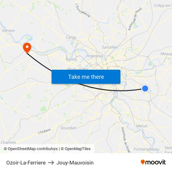 Ozoir-La-Ferriere to Jouy-Mauvoisin map
