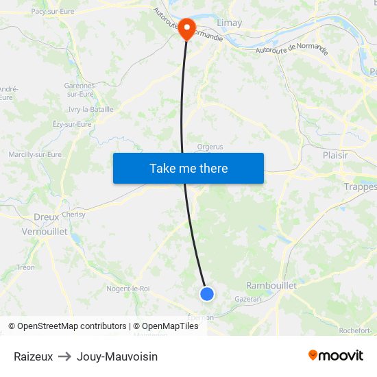 Raizeux to Jouy-Mauvoisin map