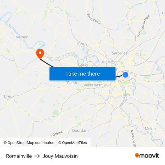 Romainville to Jouy-Mauvoisin map