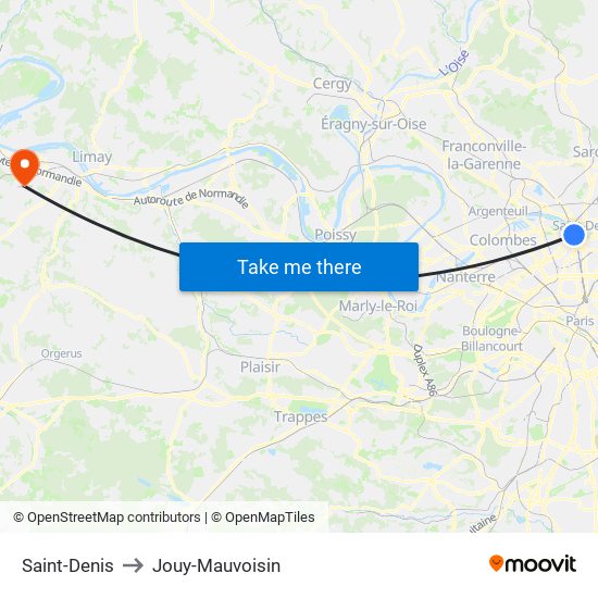 Saint-Denis to Jouy-Mauvoisin map