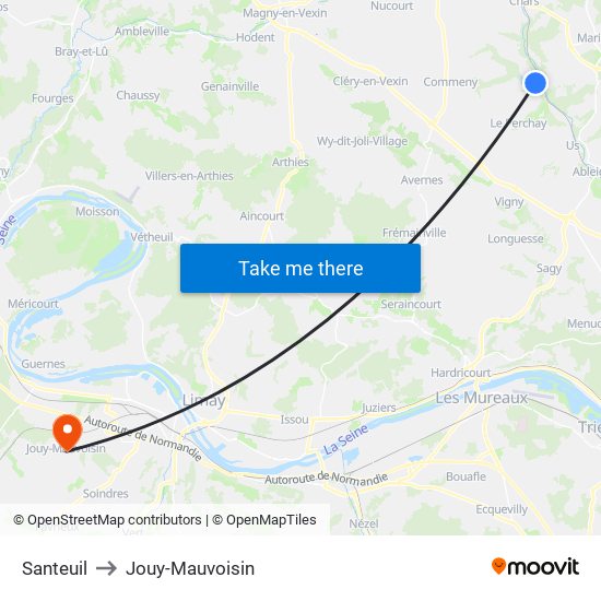 Santeuil to Jouy-Mauvoisin map