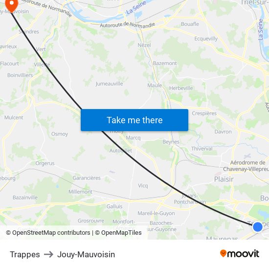 Trappes to Jouy-Mauvoisin map