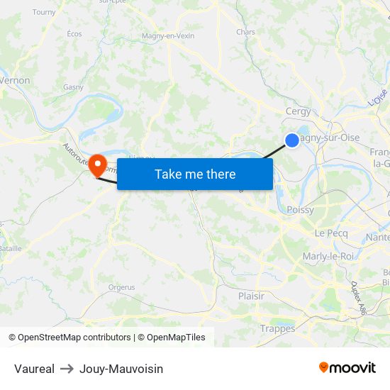 Vaureal to Jouy-Mauvoisin map