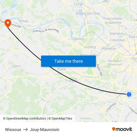 Wissous to Jouy-Mauvoisin map