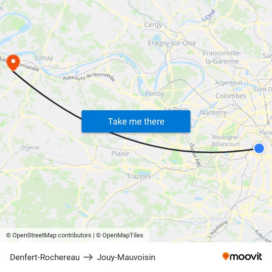 Denfert-Rochereau to Jouy-Mauvoisin map