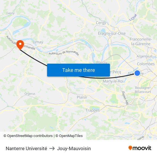 Nanterre Université to Jouy-Mauvoisin map