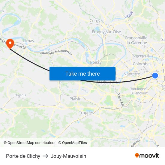 Porte de Clichy to Jouy-Mauvoisin map