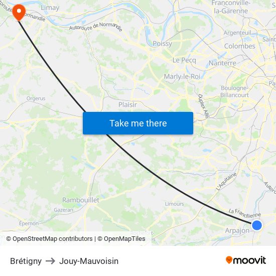 Brétigny to Jouy-Mauvoisin map