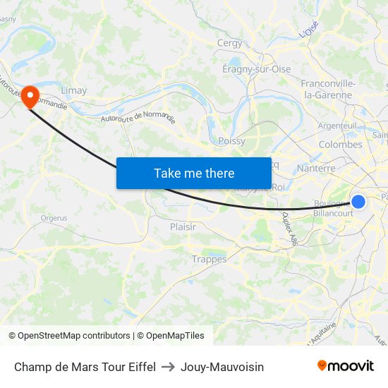 Champ de Mars Tour Eiffel to Jouy-Mauvoisin map