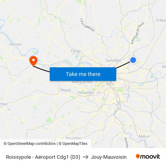Roissypole - Aéroport Cdg1 (D3) to Jouy-Mauvoisin map