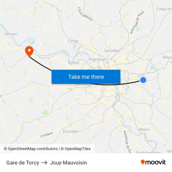 Gare de Torcy to Jouy-Mauvoisin map