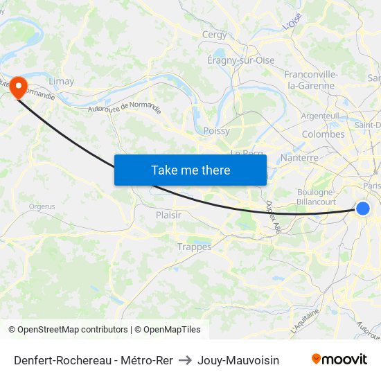 Denfert-Rochereau - Métro-Rer to Jouy-Mauvoisin map