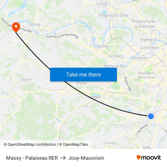 Massy - Palaiseau RER to Jouy-Mauvoisin map