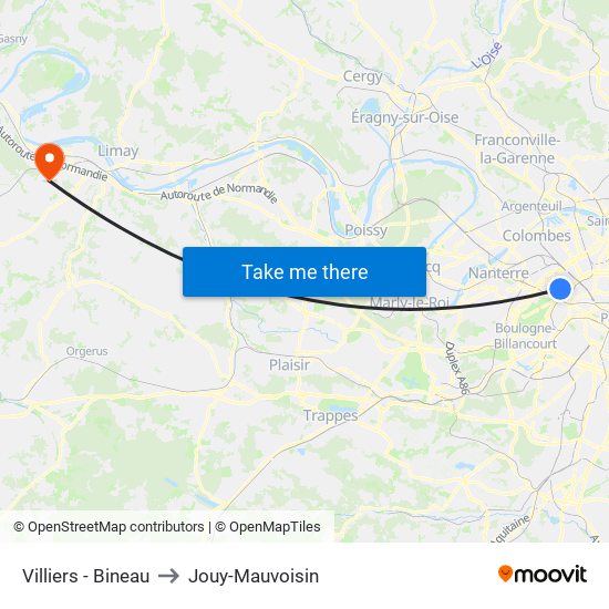 Villiers - Bineau to Jouy-Mauvoisin map