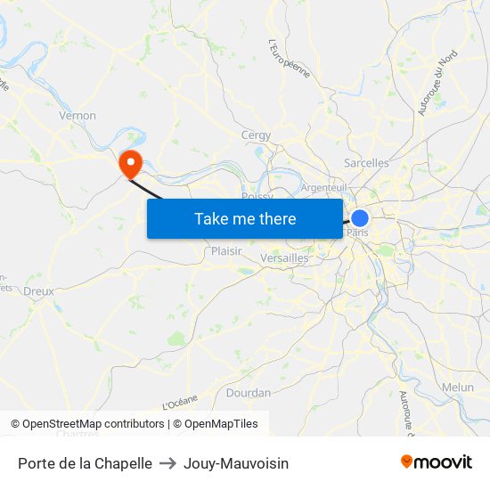 Porte de la Chapelle to Jouy-Mauvoisin map