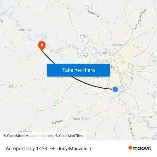 Aéroport Orly 1-2-3 to Jouy-Mauvoisin map