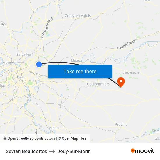 Sevran Beaudottes to Jouy-Sur-Morin map