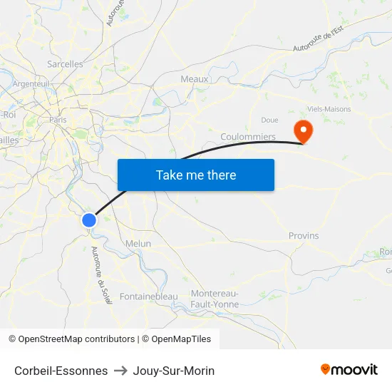 Corbeil-Essonnes to Jouy-Sur-Morin map
