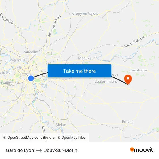 Gare de Lyon to Jouy-Sur-Morin map