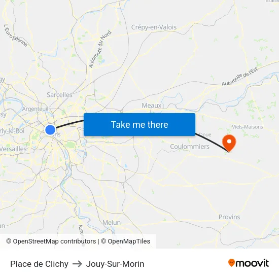 Place de Clichy to Jouy-Sur-Morin map