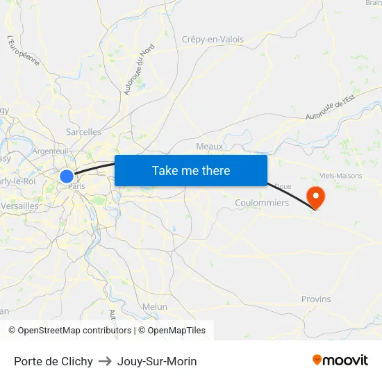 Porte de Clichy to Jouy-Sur-Morin map