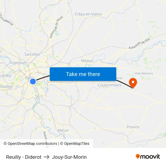 Reuilly - Diderot to Jouy-Sur-Morin map