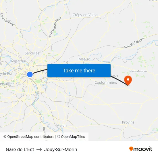 Gare de L'Est to Jouy-Sur-Morin map
