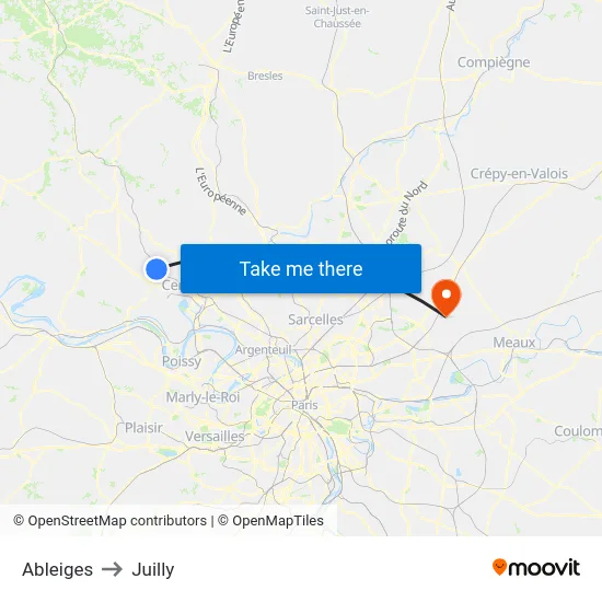 Ableiges to Juilly map