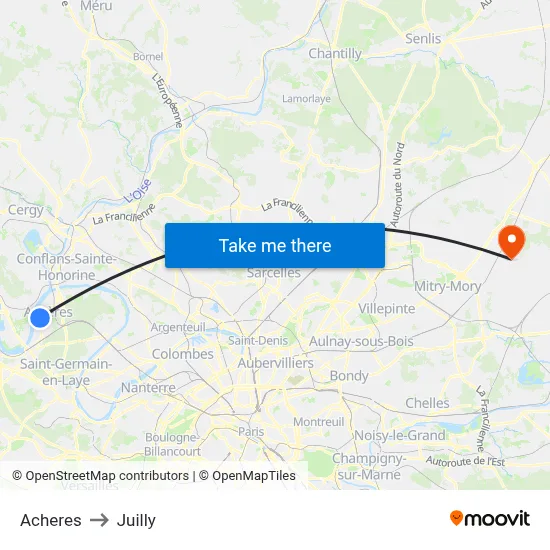 Acheres to Juilly map