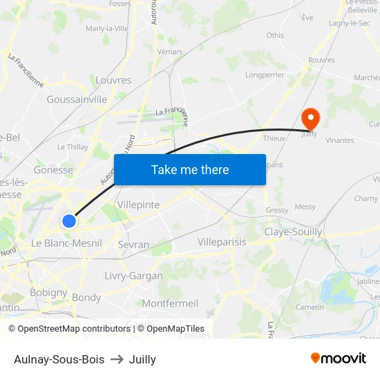 Aulnay-Sous-Bois to Juilly map