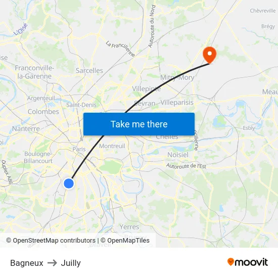 Bagneux to Juilly map